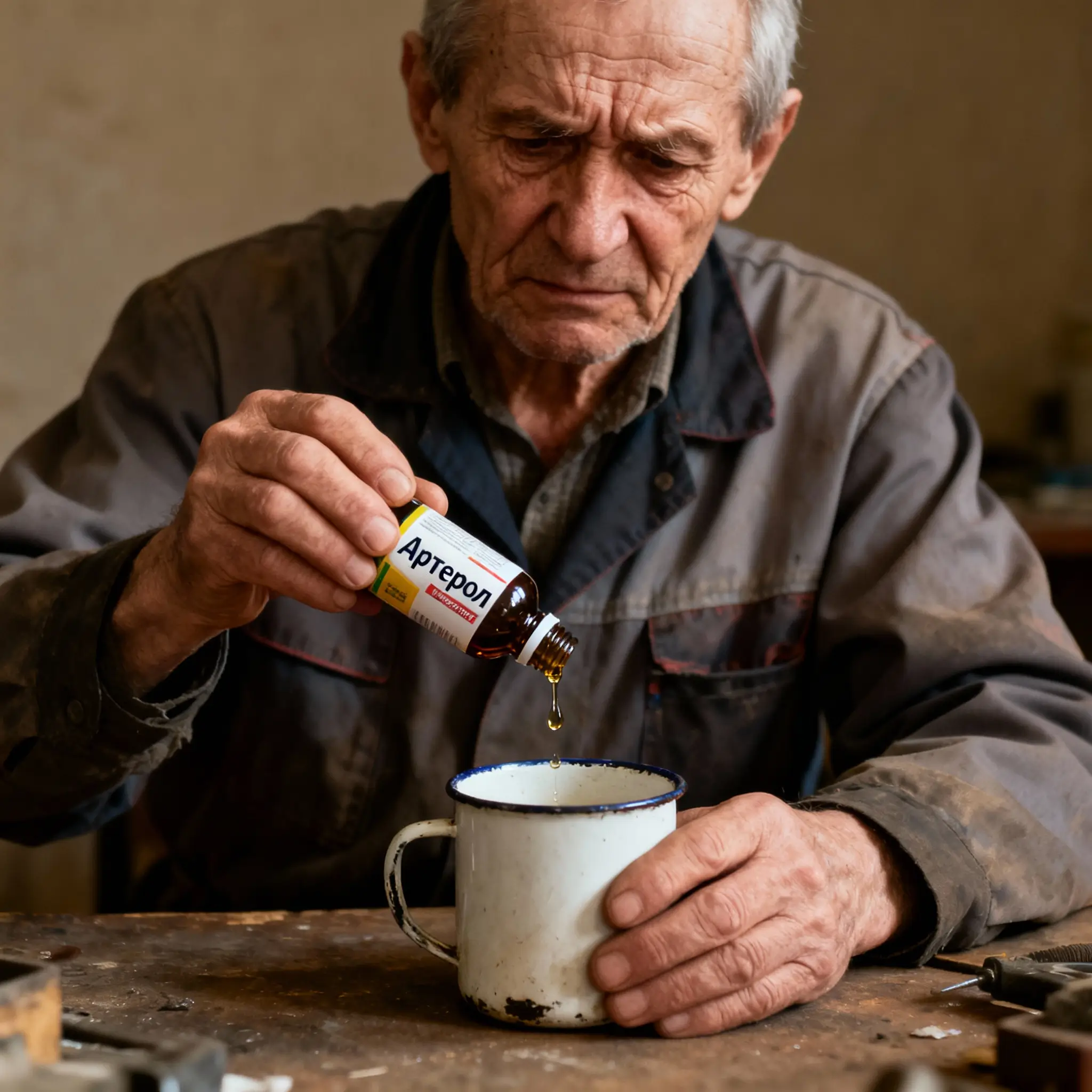 Мужчина принимает капли Артерол на рабочем месте при повышенном давлении от стресса