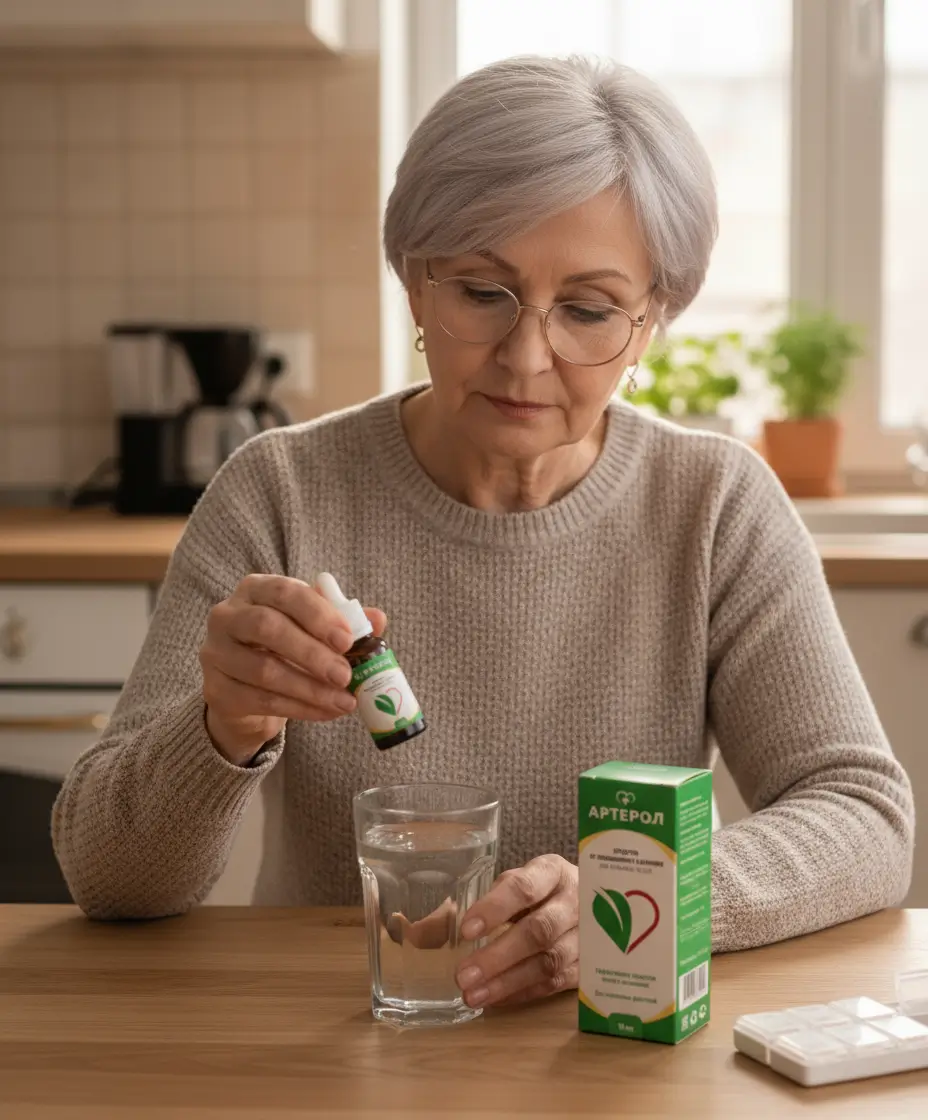 Отмеривание 20 капель Артерола в стакан с водой