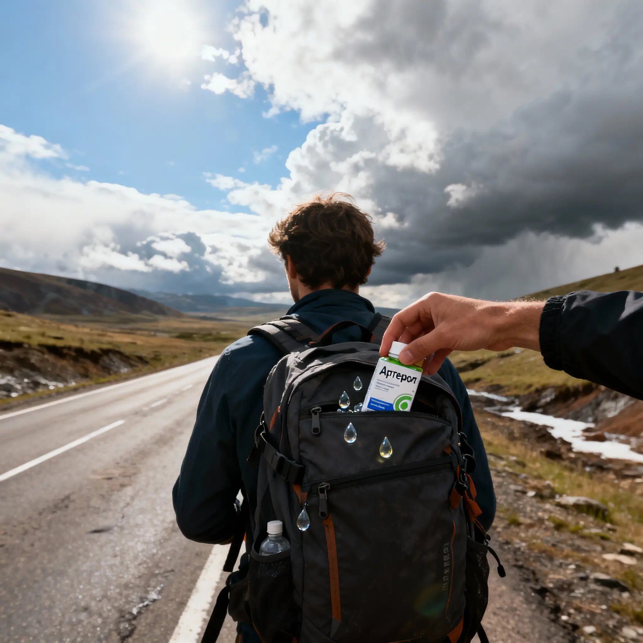 Путешественник принимает капли Артерол в дороге для нормализации давления при смене климата